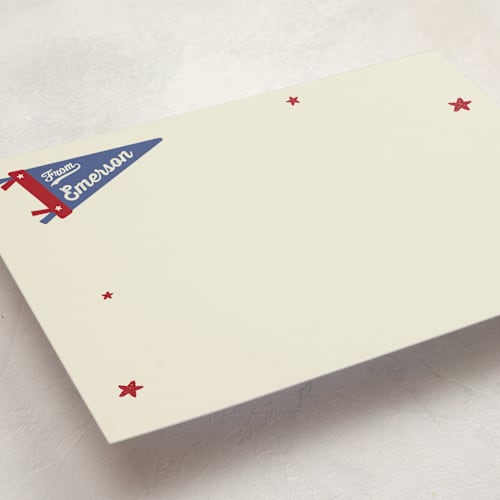 This is a americana personalized stationery thank you cards with standard by Rebecca Dymon called sports pennant printing on signature in 5x7