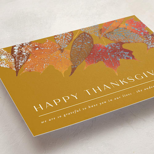 This is a sunflower thanksgiving cards invitations with foil pressed by Heather Schertzer called gilded autumn leaves printing on signature in standard