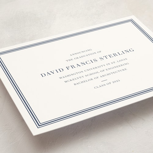 This is a navy graduation announcements with standard by Megan Davis called scholarly spirit printing on signature in standard