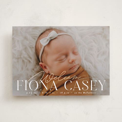 This is a cotton foil stamped birth announcements with foil pressed by Everett Paper Goods called welcoming printing on smooth signature in standard