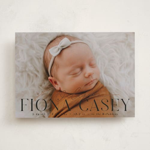 This is a charcoal foil stamped birth announcements with foil pressed by Everett Paper Goods called welcoming printing on smooth signature in standard