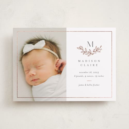 This is a lace foil stamped birth announcements with foil pressed by Jessica Williams called graceful laurels printing on smooth signature in standard