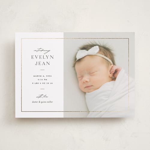 This is a pearl foil stamped birth announcements with foil pressed by Pixel and Hank called sweetheart printing on smooth signature in standard