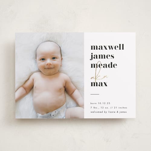 This is a classic foil stamped birth announcements with foil pressed by Lehan Veenker called a.k.a. printing on smooth signature in standard