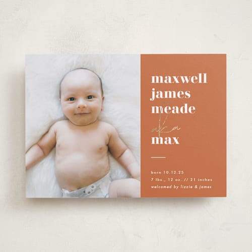 This is a desert foil stamped birth announcements with foil pressed by Lehan Veenker called a.k.a. printing on recycled smooth signature in standard