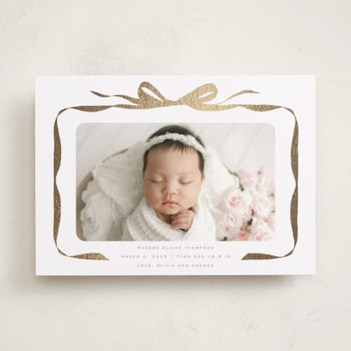This is a poppy foil stamped birth announcements with foil pressed by Olivia Kanaley Inman called bow printing on smooth signature in standard