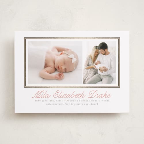 This is a melon foil stamped birth announcements with foil pressed by Laura Hankins called byline printing on smooth signature in standard