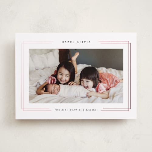 This is a rose foil stamped birth announcements with foil pressed by Kelly Schmidt called elegant frame printing on recycled smooth signature in standard