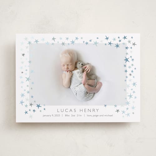 This is a cloud foil stamped birth announcements with foil pressed by Townsend Majors called shining star printing on smooth signature in standard