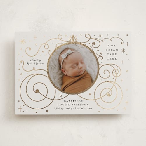 This is a ivory foil stamped birth announcements with foil pressed by Amy Payne called disney's cinderella carriage printing on recycled smooth signature in standard