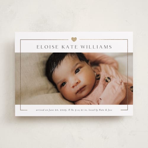 This is a ink foil stamped birth announcements with foil pressed by Kasia Labocki called lovely printing on smooth signature in standard