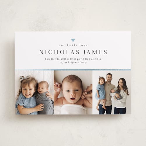 This is a sky foil stamped birth announcements with foil pressed by Melanie Kosuge called tiny heart printing on smooth signature in standard