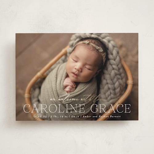 This is a ivory foil stamped birth announcements with foil pressed by Ekko Studio called loving welcome printing on smooth signature in standard