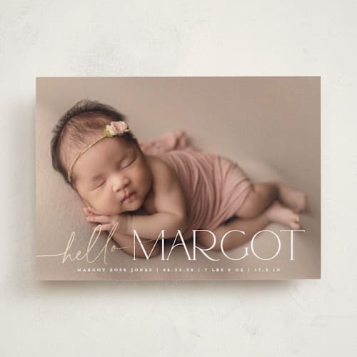 This is a cotton foil stamped birth announcements with foil pressed by Robert and Stella called a big hello printing on smooth signature in standard
