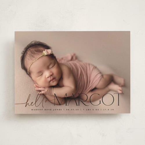 This is a ink foil stamped birth announcements with foil pressed by Robert and Stella called a big hello printing on smooth signature in standard