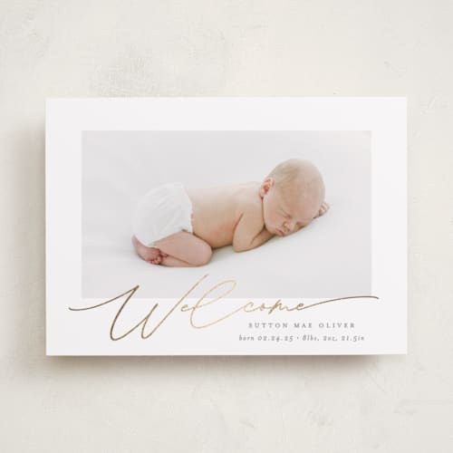 This is a milk foil stamped birth announcements with foil pressed by Carolyn MacLaren called charming welcome printing on recycled smooth signature in standard