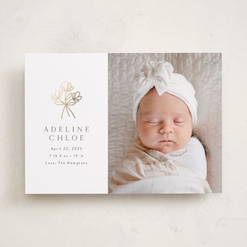 This is a snow foil stamped birth announcements with foil pressed by Susan Asbill called little posy printing on recycled smooth signature in standard