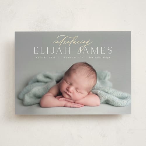 This is a cloud foil stamped birth announcements with foil pressed by Brandy Folse called overjoyed printing on smooth signature in standard
