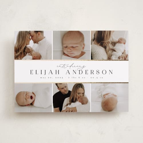 This is a vanilla foil stamped birth announcements with foil pressed by Nicole Walsh called six photo grid printing on recycled smooth signature in standard