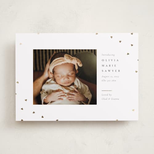 This is a cotton foil stamped birth announcements with foil pressed by Meggy Masters called heart sprinkle printing on smooth signature in standard