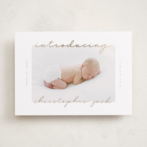 This is a powder foil stamped birth announcements with foil pressed by Creo Study called border script printing on smooth signature in standard