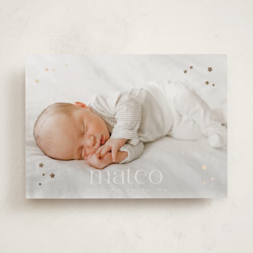 This is a cloud foil stamped birth announcements with foil pressed by Gwen Bedat called milky way printing on smooth signature in standard