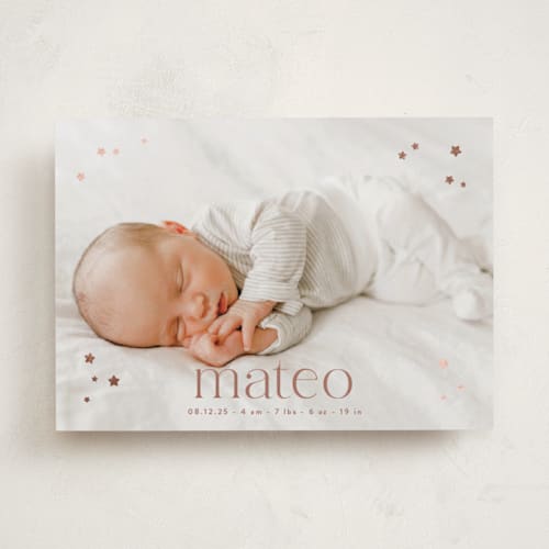 This is a rose foil stamped birth announcements with foil pressed by Gwen Bedat called milky way printing on recycled smooth signature in standard