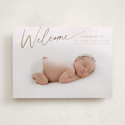 This is a almond foil stamped birth announcements with foil pressed by Deynaaz Daraei called dahlia printing on smooth signature in standard