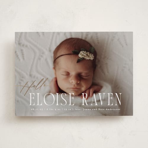 This is a marshmallow foil stamped birth announcements with foil pressed by Everett Paper Goods called cara printing on smooth signature in standard