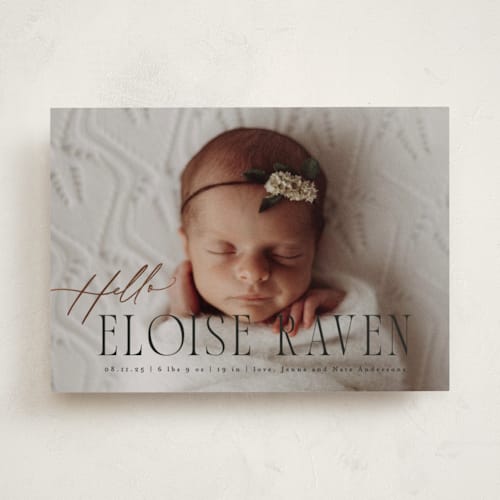 This is a shadow foil stamped birth announcements with foil pressed by Everett Paper Goods called cara printing on smooth signature in standard