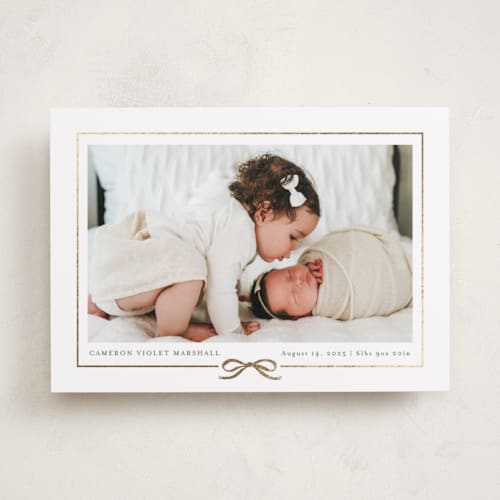 This is a cotton foil stamped birth announcements with foil pressed by Jessica Williams called ribbon wrap printing on smooth signature in standard