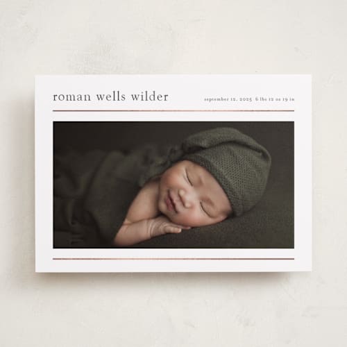 This is a cotton foil stamped birth announcements with foil pressed by Stacey Meacham called modern lines printing on smooth signature in standard