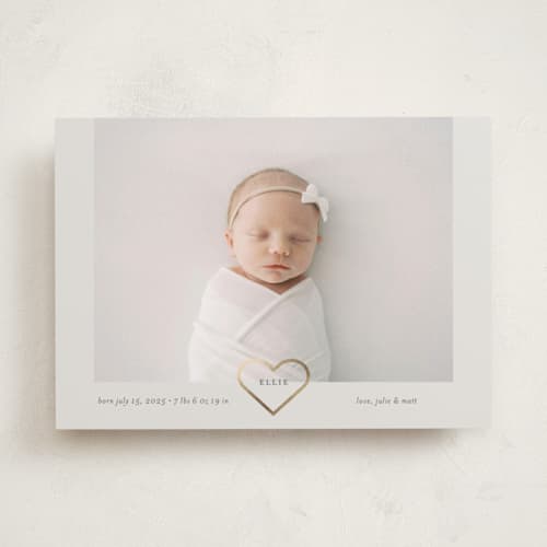 This is a cotton foil stamped birth announcements with foil pressed by Stephanie Heinrich Godbout called golden heart printing on smooth signature in standard