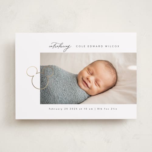 This is a marshmallow foil stamped birth announcements with foil pressed by Tamara Hilje called disney's mickey mouse clip printing on smooth signature in standard