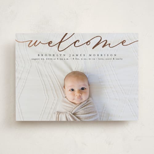 This is a charcoal foil stamped birth announcements with foil pressed by Erica Krystek called welcome ribbon printing on smooth signature in standard