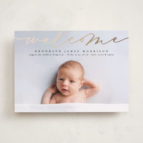 This is a onyx foil stamped birth announcements with foil pressed by Erica Krystek called welcome ribbon printing on smooth signature in standard