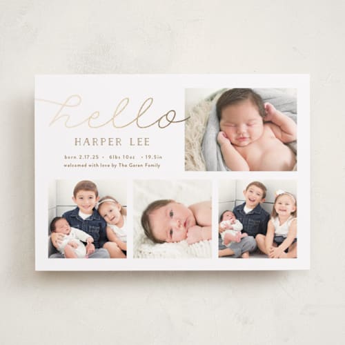 This is a honey foil stamped birth announcements with foil pressed by Carolyn MacLaren called glittering hello printing on smooth signature in standard