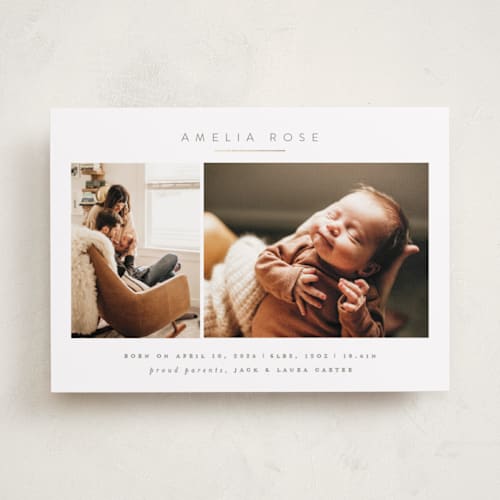 This is a clay foil stamped birth announcements with foil pressed by Carolyn Nicks called simply sweet printing on recycled smooth signature in standard