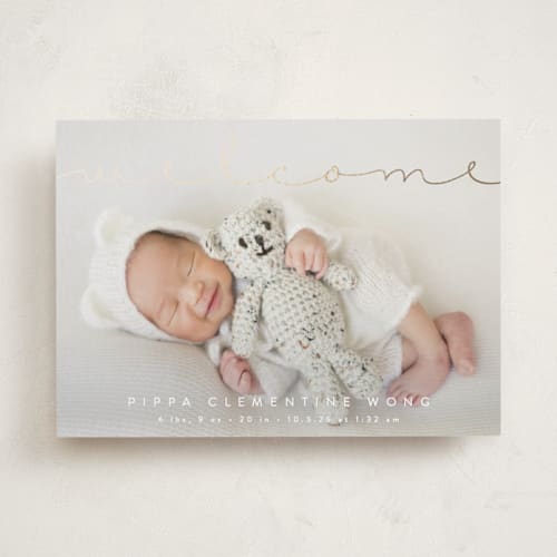 This is a cloud foil stamped birth announcements with foil pressed by Olivia Raufman called delicate welcome printing on smooth signature in standard