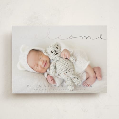 This is a granite foil stamped birth announcements with foil pressed by Olivia Raufman called delicate welcome printing on smooth signature in standard