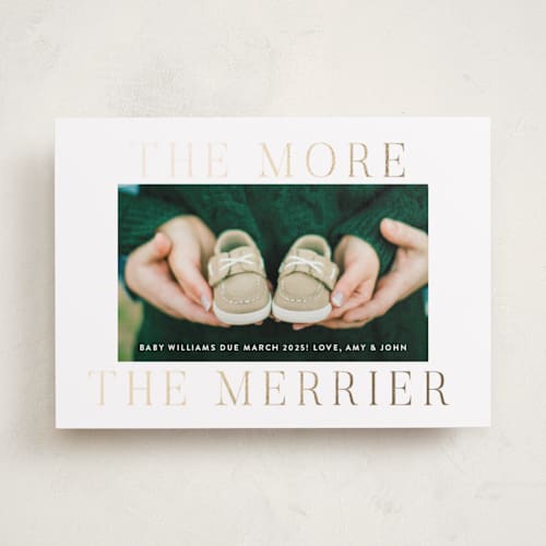 This is a pearl foil stamped birth announcements with foil pressed by Megan Davis called merriest occasion printing on smooth signature in standard