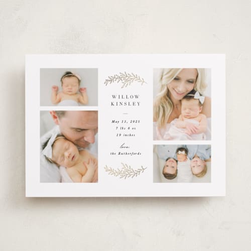 This is a onyx foil stamped birth announcements with foil pressed by Brandy Folse called delicate foliage printing on smooth signature in standard