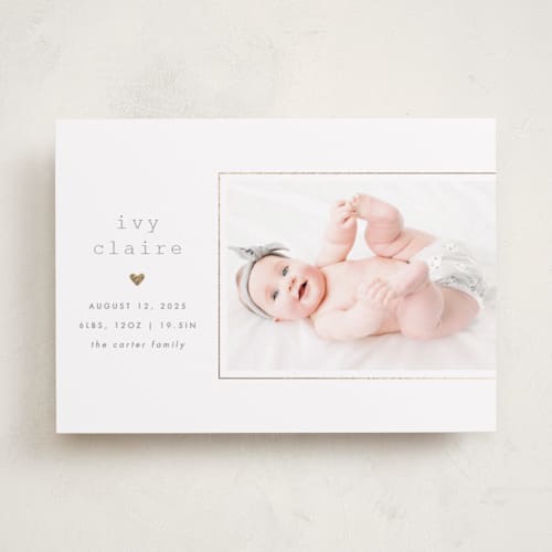 This is a cloud foil stamped birth announcements with foil pressed by Carolyn Nicks called our little love printing on smooth signature in standard