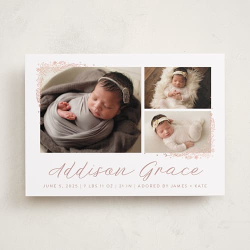 This is a burnt rose foil stamped birth announcements with foil pressed by Amy Payne called delicate collage printing on smooth signature in standard