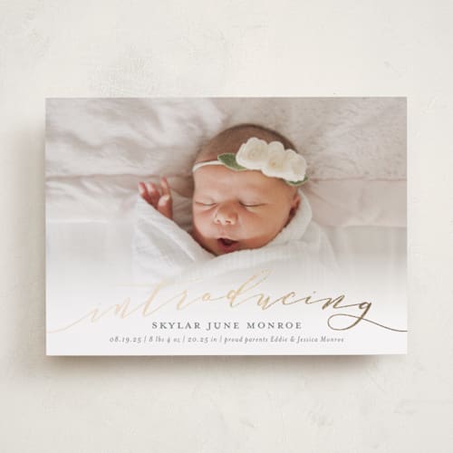 This is a slate foil stamped birth announcements with foil pressed by Sarah Brown called treasured printing on smooth signature in standard