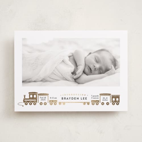This is a chalk foil stamped birth announcements with foil pressed by Rebecca Durflinger called welcome aboard! printing on smooth signature in standard