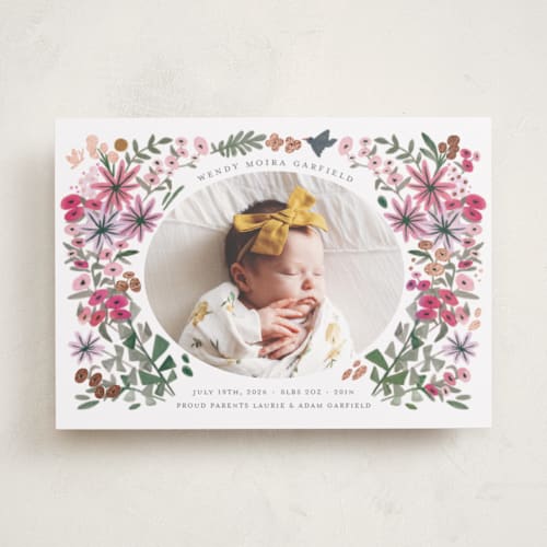 This is a rose foil stamped birth announcements with foil pressed by Morgan Ramberg called blossom baby printing on smooth signature in standard