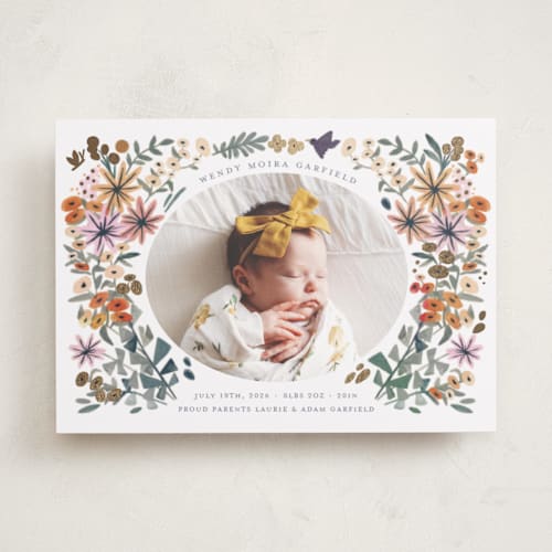 This is a buttercup foil stamped birth announcements with foil pressed by Morgan Ramberg called blossom baby printing on recycled smooth signature in standard