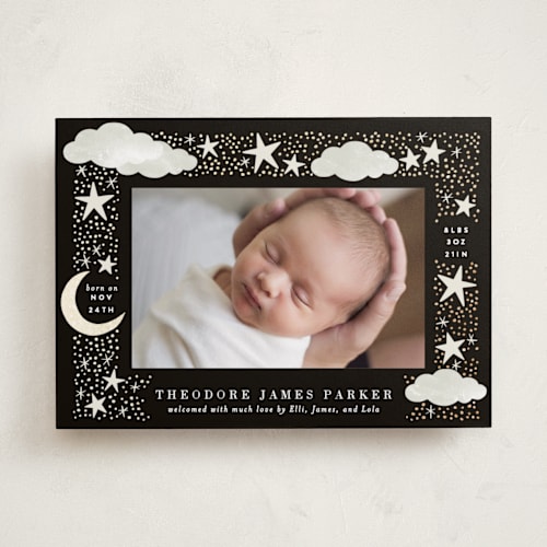 This is a noir foil stamped birth announcements with foil pressed by Alethea and Ruth called nighttime printing on smooth signature in standard
