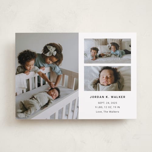 This is a milk birth announcements with standard by Playground Prints called minimal three printing on smooth signature in standard